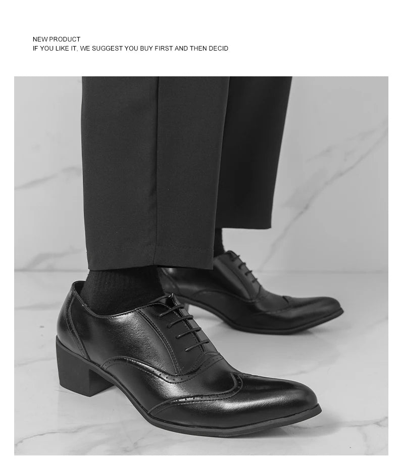 Men's High Heel Business Leather Shoes Mens Pointed Toe Dress Office Flats Men Fashion Wedding Party Oxfords Plus Size 38-46