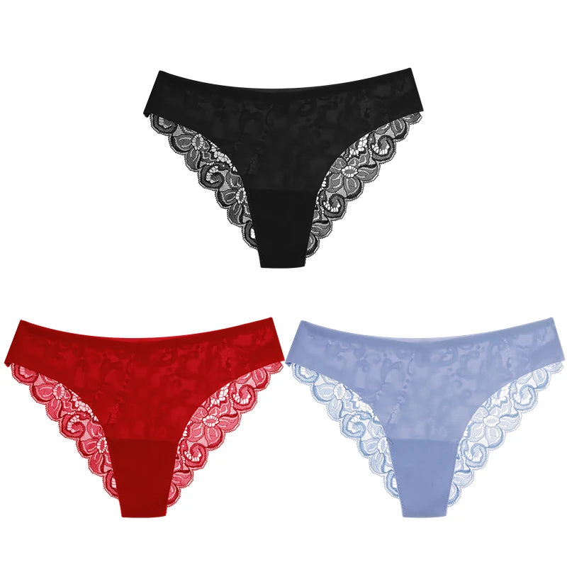 TrowBridge 3PCS Women's Panties Set Sweet Lace Underwear Soft Silk Satin Lingerie French Romantic Woman Briefs Female Sexy Panty