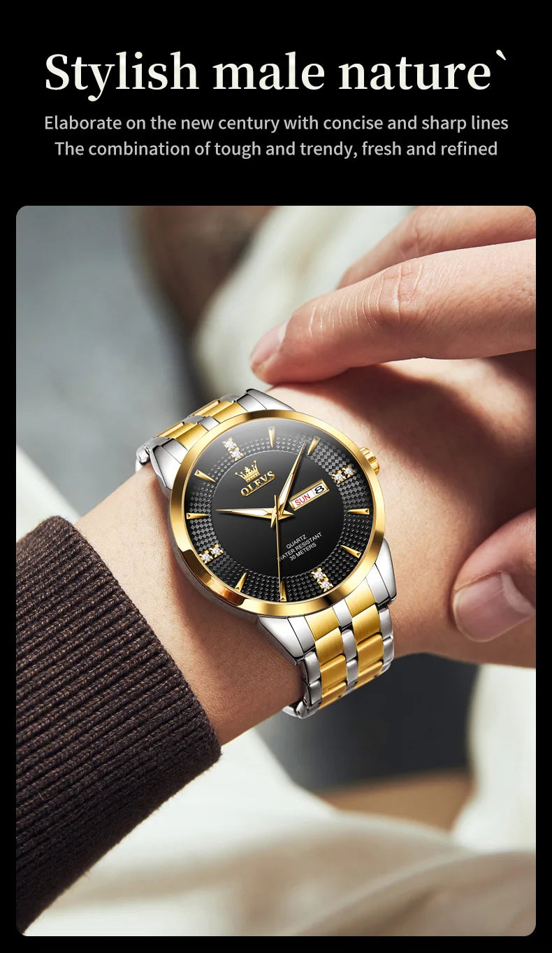 OLEVS Men Watches Luxury Business Fine Steel Original Brand Quartz Wristwatch for Man Waterproof Luminous Date Week Casual Dress