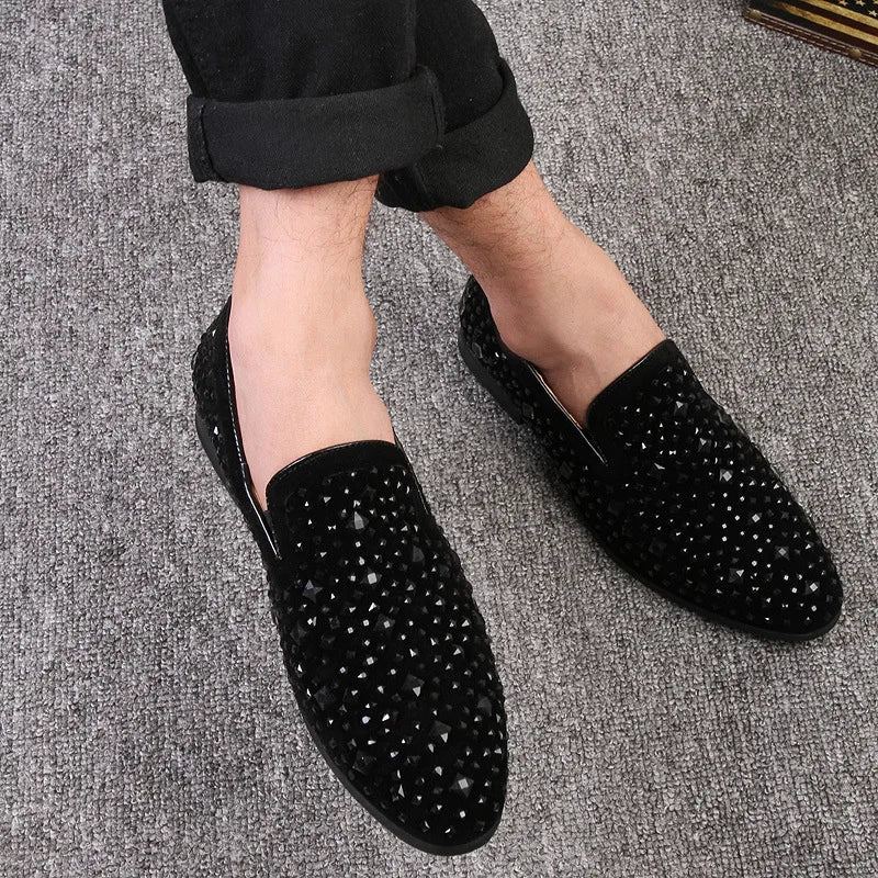Dress Shoes for Men Luxury Pointed Toe Black Loafers Denim Metal Sequins Shoes Fashion High Quality Men Party Wedding Shoes New