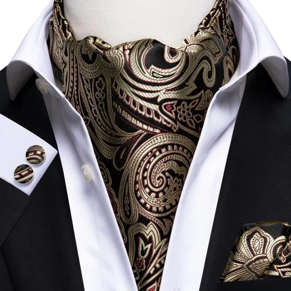 Hi-Tie Mens Ascot Black Pink Blue Red Gold Green Purple White Cravat Tie Hanky Cufflinks for Male Wedding Business Prom
