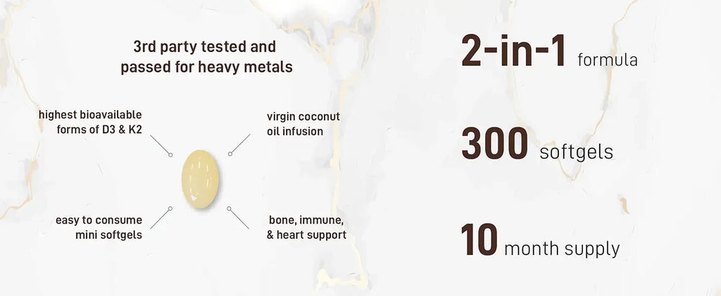 Vitamin D3 10,00 IU + K2 MK-7 200 mcg, 300 Softgels with Virgin Coconut Oil 2-in-1 Vitamins D & K Complex | Extra Strength
