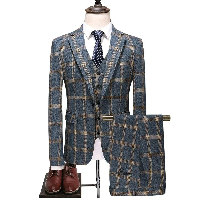 Men 3-piece Suit Outfit Single-breasted Blazer Man V-neck Vest Stright-leg Pant Male Retro Plaid Slim Business Wedding Suits