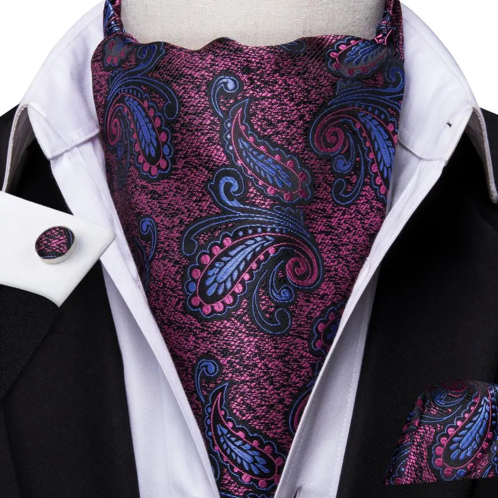 Hi-Tie Mens Ascot Black Pink Blue Red Gold Green Purple White Cravat Tie Hanky Cufflinks for Male Wedding Business Prom