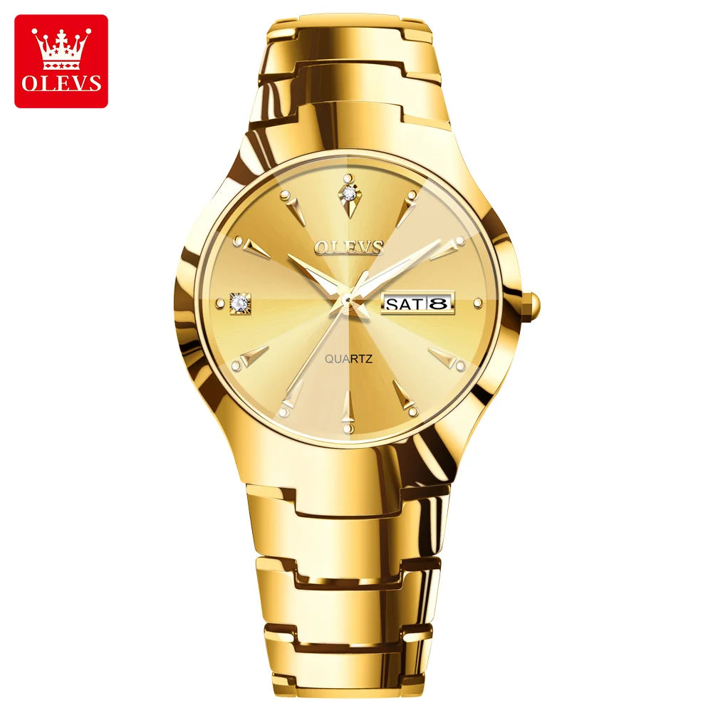 OLEVS Fashion Mens Watches Top Brand Luxury Tungsten Steel Gold Quartz Watch for Man Waterproof Luminous Date Week Wristwatch