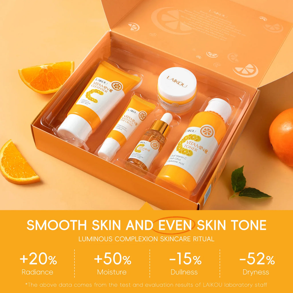Facial Brightening Vitamin C Skincare 5pcs Set Essence Cream Serum Cleanser Toner Eye Moisturizer Care
