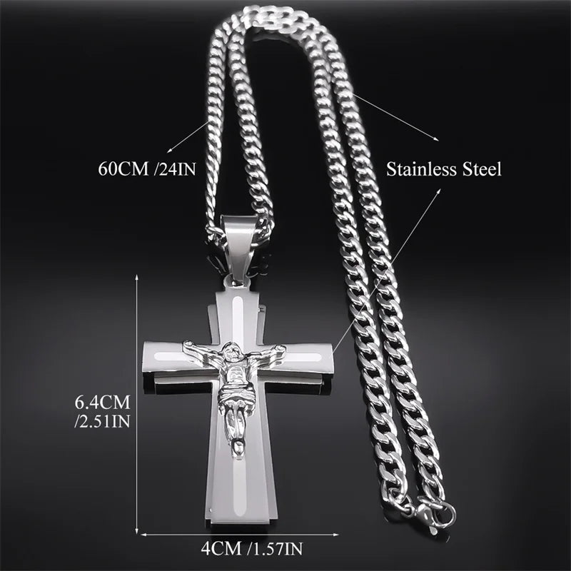 Jesus Cross Necklace Women Stainless Steel Chain for Men Silver Color Crucifix Religious Necklaces Jewelry Cruz collar N2343S05