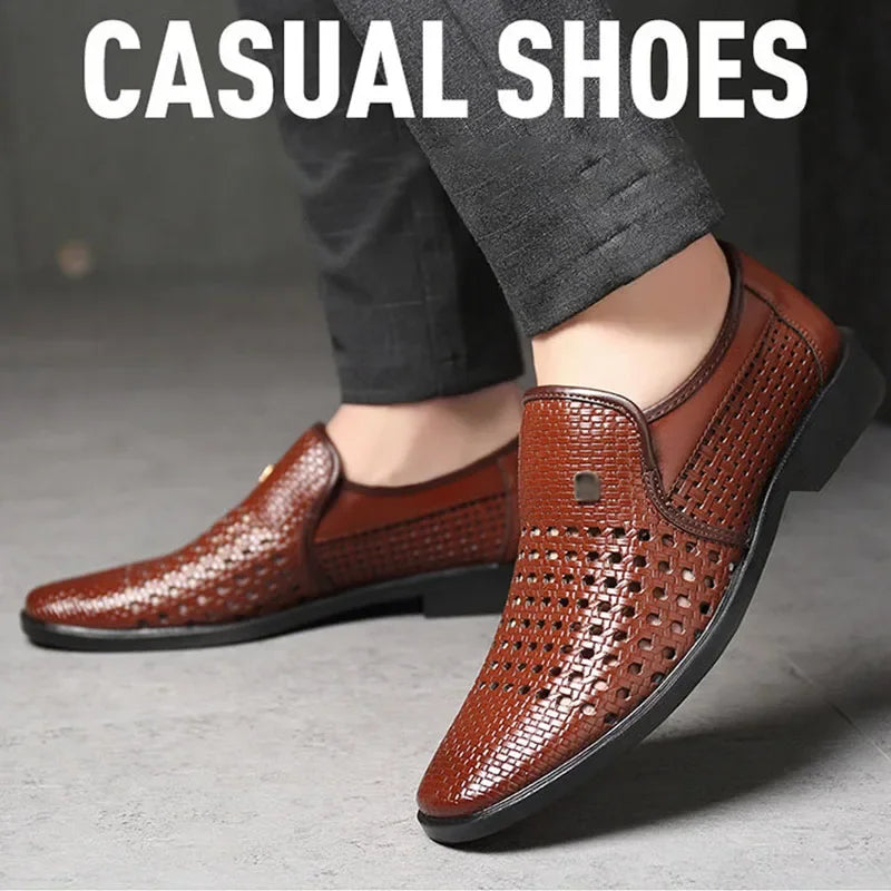 Men's Synthetic Leather Shoes  Soft Sole Breathable Low Heeled Business Casual Shoes Hollow Out Dress Sandals Middle Aged