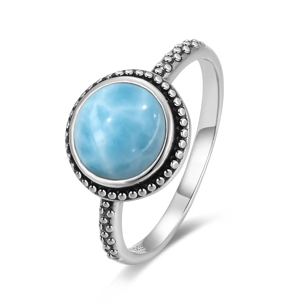 Vintage 925 Silver Ring Natural Larimar Stone Ring Round Flower Shape Sky Blue Summer Ring Fine Jewelry Gift for Men Women