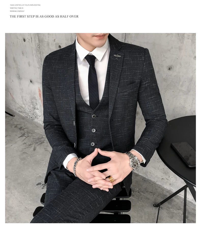 Men's Business Fitted Two-Button Suit Set Fashionable Versatile Trendy Three-Piece Ensemble for Groom Best Man Banquet Dress