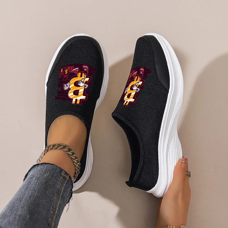 Women's Black Slip-On Casual Shoes: Platform Sole, Breathable Mesh, Trendy Print. Perfect for Shopping, Commuting & Dates.