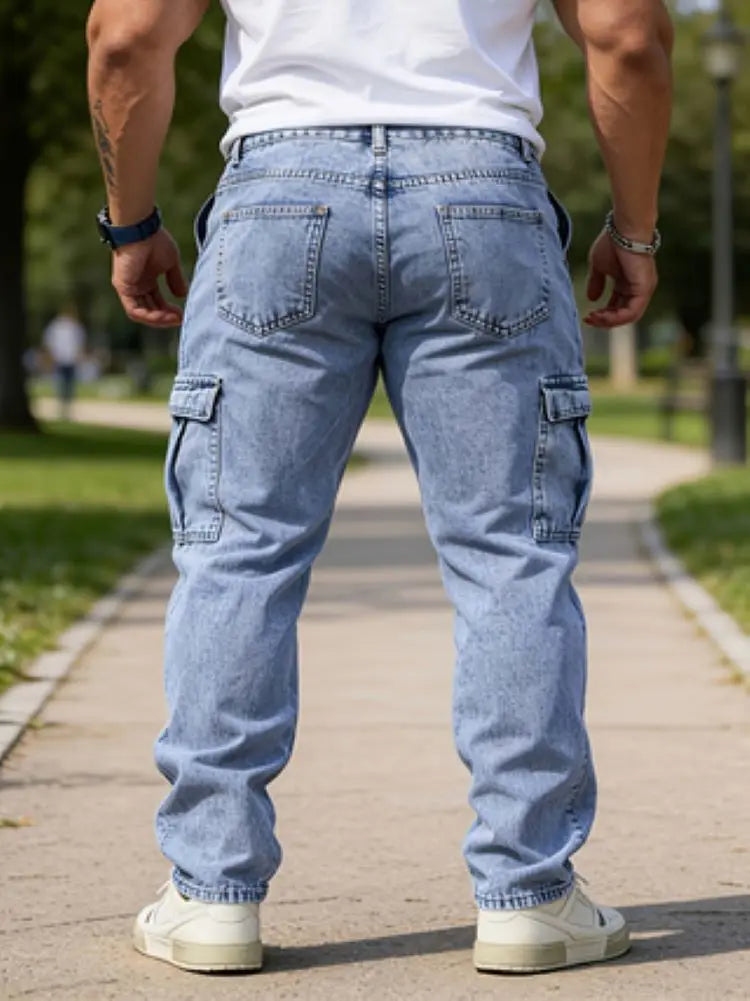 Men's Classic Multi-Pocket Jeans - Casual Street Style Regular Fit, Machine Washable, All-Season Wear, Light Blue Jeans