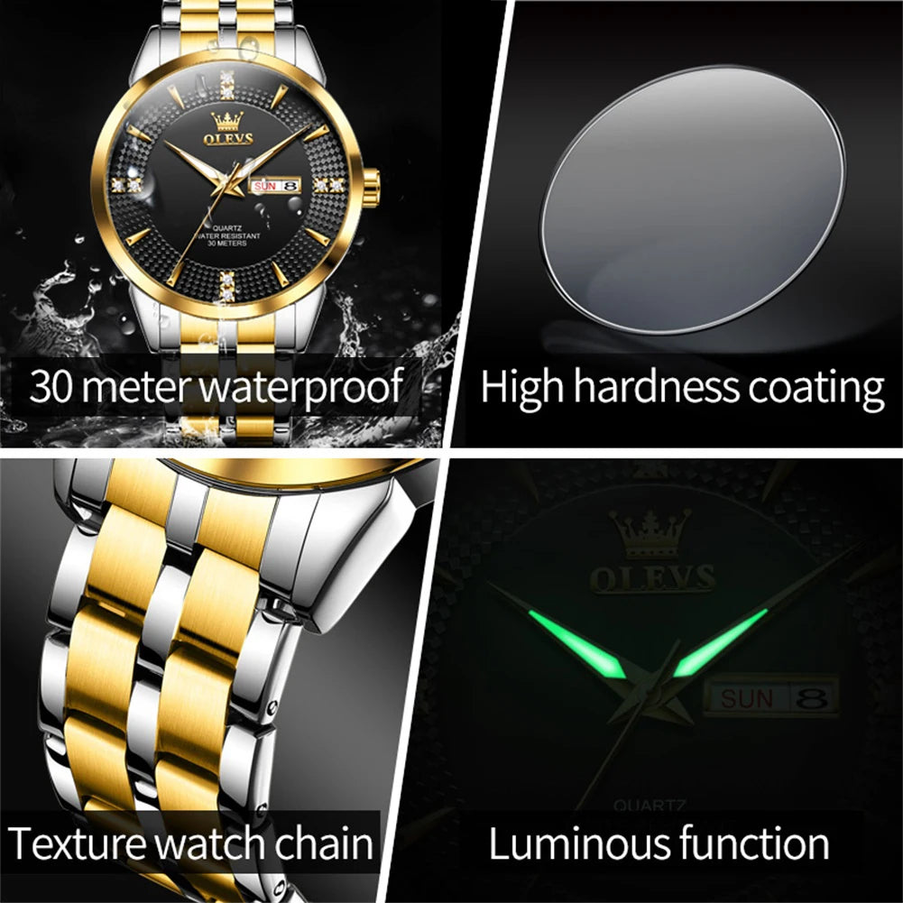 OLEVS Men Watches Luxury Business Fine Steel Original Brand Quartz Wristwatch for Man Waterproof Luminous Date Week Casual Dress