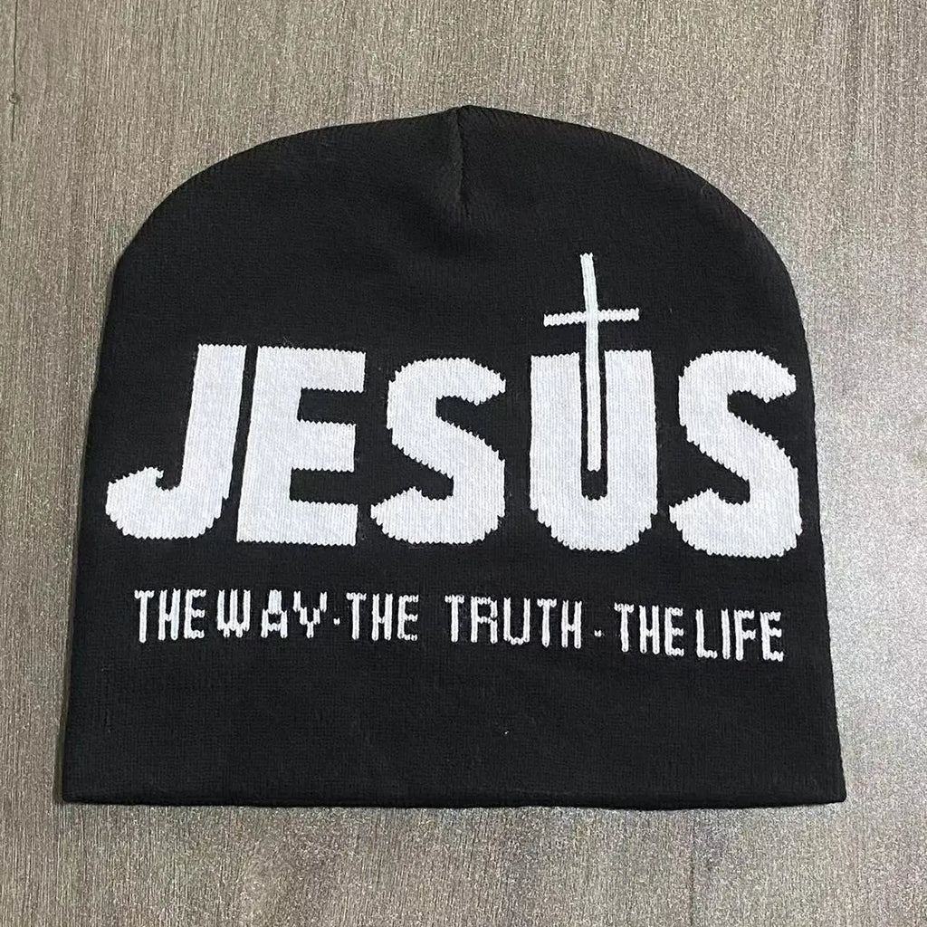 Y2k Women Jacquard Alphabet JESUS Knit Beanies Hat Men Letter Winter Fashion Kpop Goth Warm Hip Hop Thermal Unisex Pullover Hat