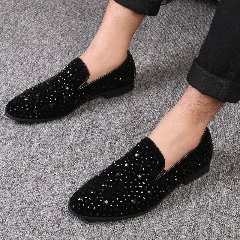 Dress Shoes for Men Luxury Pointed Toe Black Loafers Denim Metal Sequins Shoes Fashion High Quality Men Party Wedding Shoes New