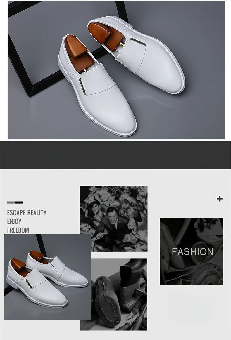 2025 New Men's Elevating Dress Shoes British Style Pointed-Toe Cowhide Leather Soft White Oxfords Formal Business Footwear