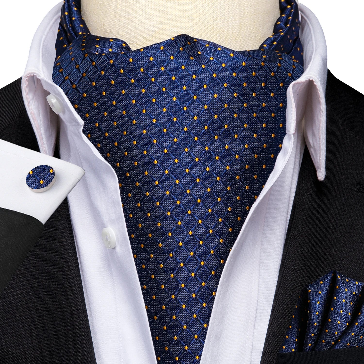 Hi-Tie Mens Ascot Black Pink Blue Red Gold Green Purple White Cravat Tie Hanky Cufflinks for Male Wedding Business Prom