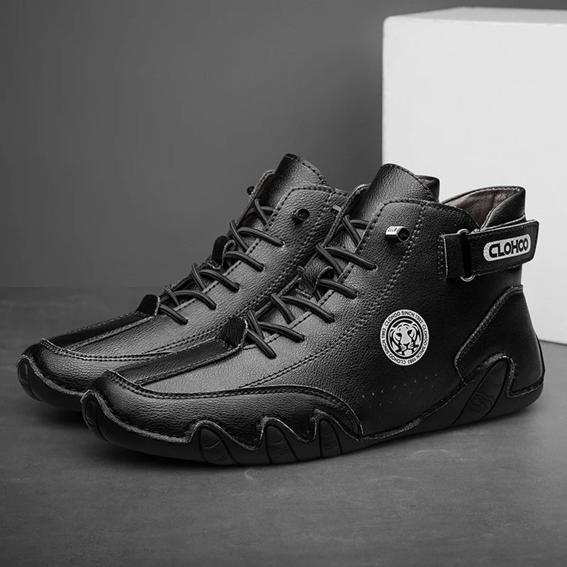 CLOHOO Men's PU Leather Lace Up Sneakers Black Casual Walking Shoes Lightweight Comfortable Breathable Brown Shoes for Men