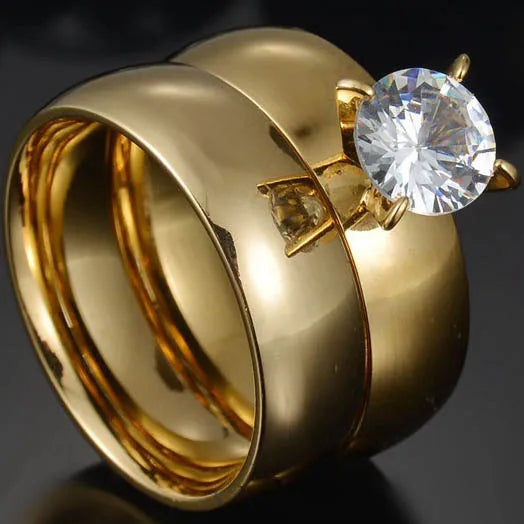 Couple Rings - Women Exquisite Rhinestones Zirconia Rings Set Simple Stainless Steel Men Ring Fashion Jewelry For Lover Gifts