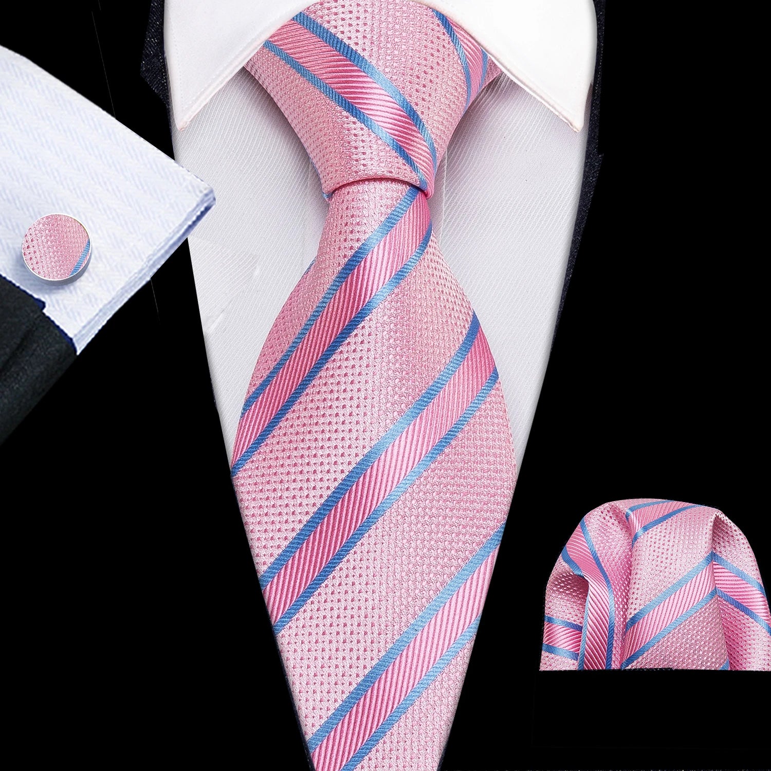 Male Luxury Neck Tie For Men Business Red Striped Tie Hanky Cufflinks Set Neckwear Wedding Party Casual