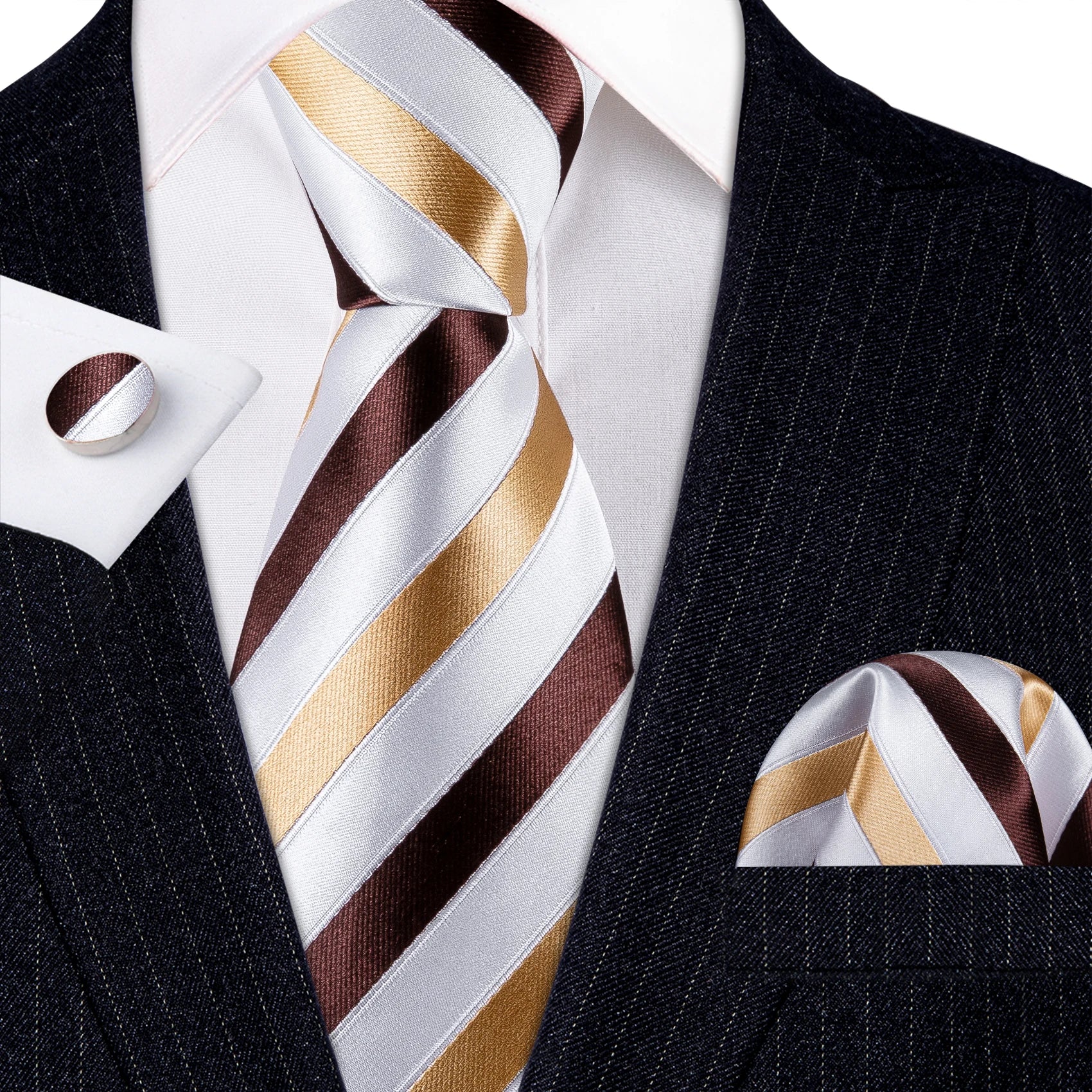 Fashion Khaki Striped Men Silk Necktie Fahsion Tie Handkerchief Cufflinks Sets Male Wedding Business Gift Barry.Wang Stylish