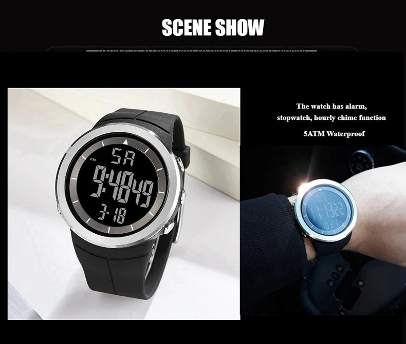 Digital Watches for Men Black Waterproof Tactical Wristwatch Big Dial Waterproof Electronic Led Military Clocks Alarm Stopwatch
