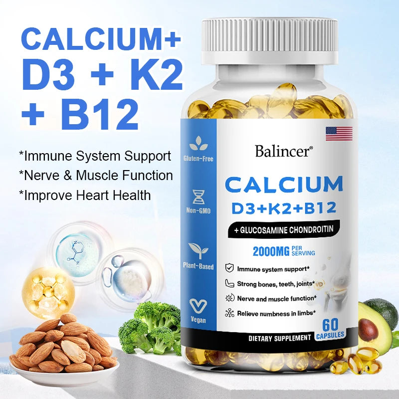 Calcium Vitamin D3 with B12, K2 - Supports Bones, Teeth, Heart and Immune System Function,Immune System Health