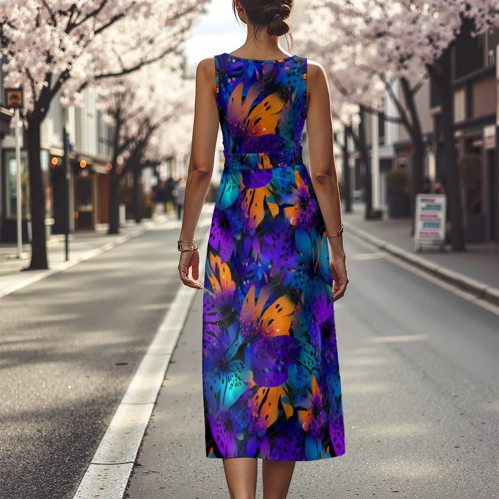 Elegant Floral Dress for Women Breathable A-Line Sleeveless Dress Chic Blue & White with Pink Blooms Office To Vacation Dress