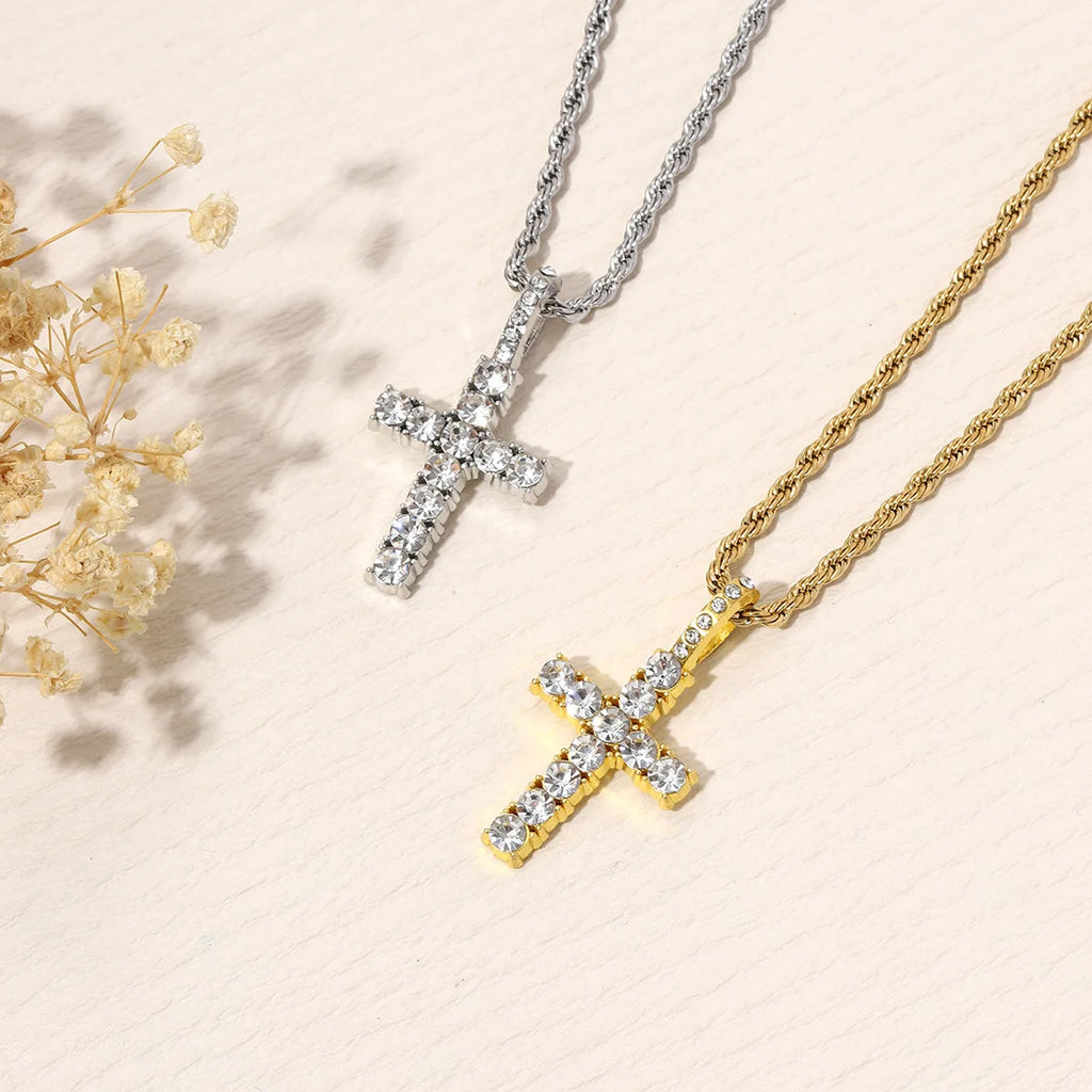 Cross Necklace for Men Gold Necklace for Women Cross Jewelry Silver Plated Solid Iced Cubic Zirconia Stainless Steel Pendant