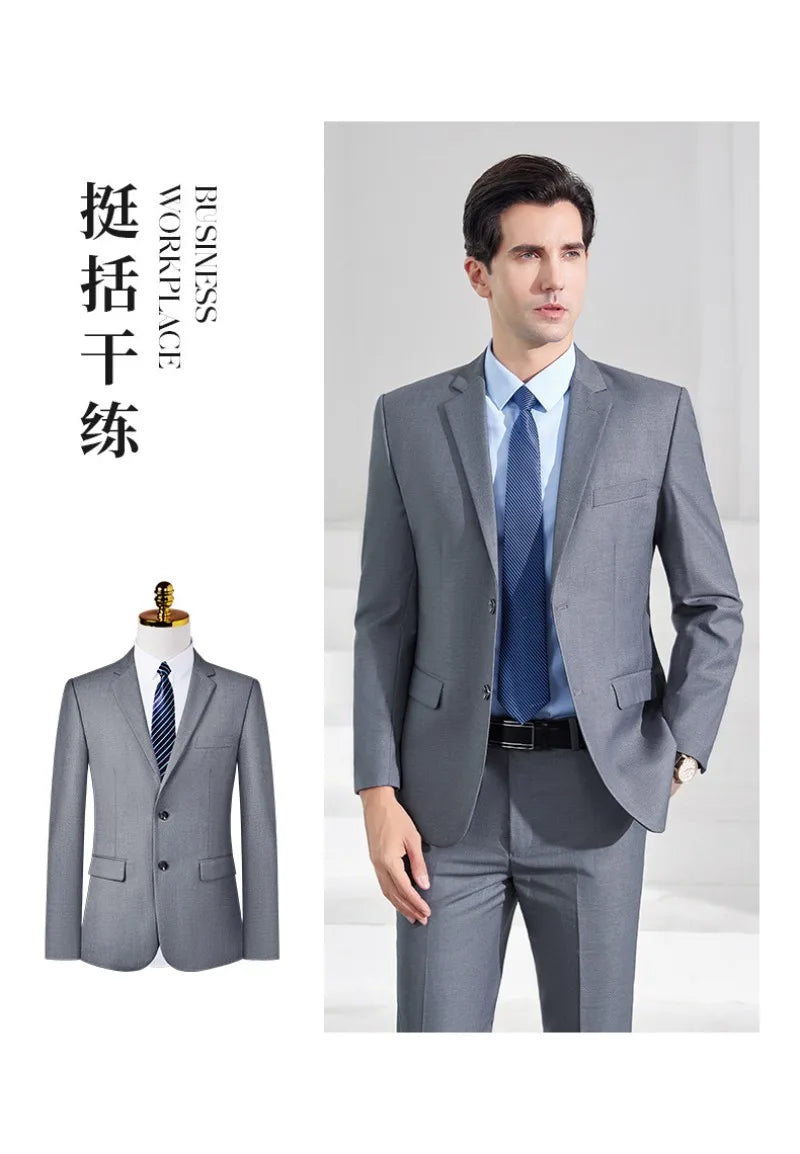 Men's Formal Business Suit Set Black Grey Blue Blazer Pants 2 Piece Work Wear For Office Sales Property 4S Store Staff