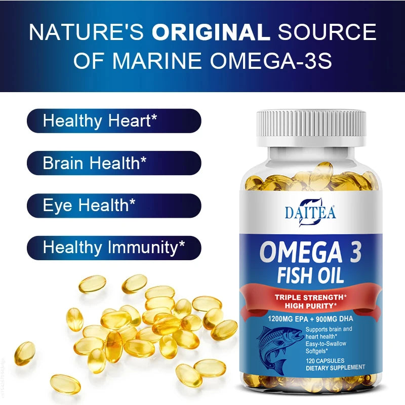 Daitea Triple Strength Omega 3 Fish Oil - Fish Oil Supplement with EPA & DHA Fatty Acids Premium Wild Caught, 30/60/120 Capsules