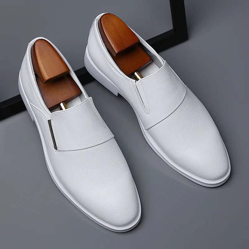 2025 New Men's Elevating Dress Shoes British Style Pointed-Toe Cowhide Leather Soft White Oxfords Formal Business Footwear