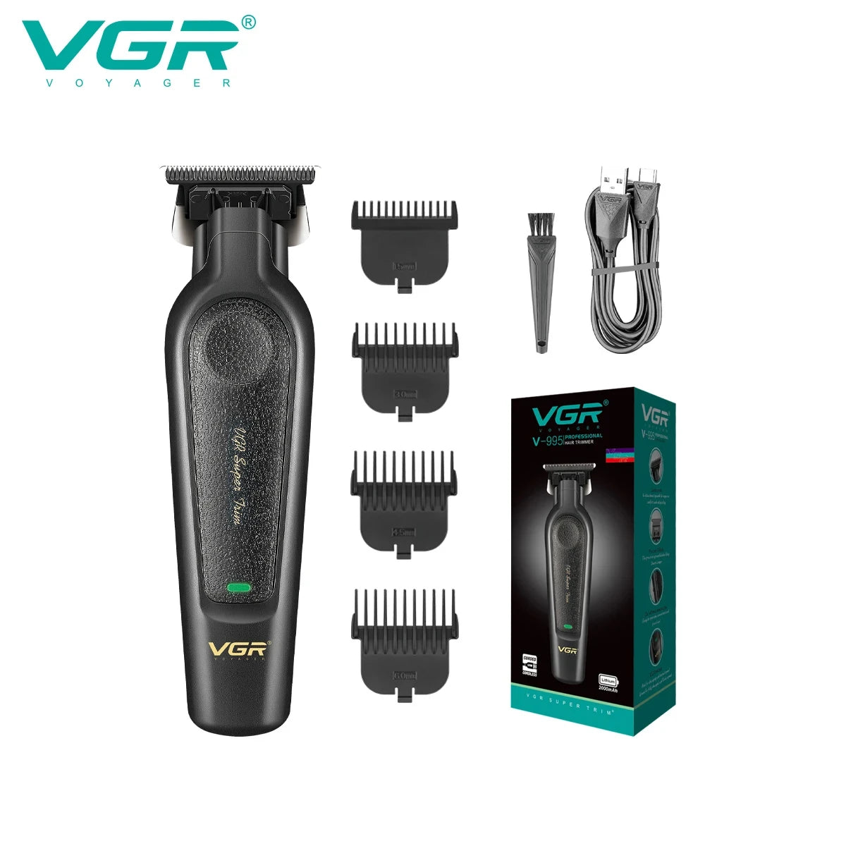 VGR V-197&995 high-end hair clipper two-piece set, metal leather body, electric push shear, LED digital display, oil head carvin