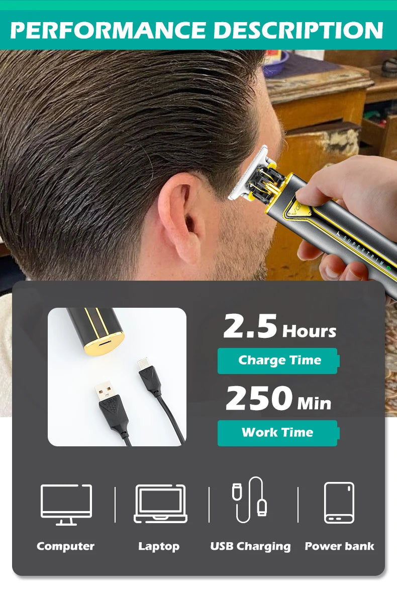 VGR Hair Clipper T9 Hair Trimmer Professional Hair Cutting Machine Metal Wireless Electric Rechargeable Clippers for Men V-009