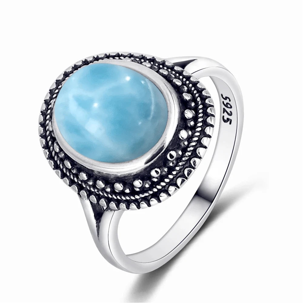 Vintage 925 Silver Ring Natural Larimar Stone Ring Round Flower Shape Sky Blue Summer Ring Fine Jewelry Gift for Men Women