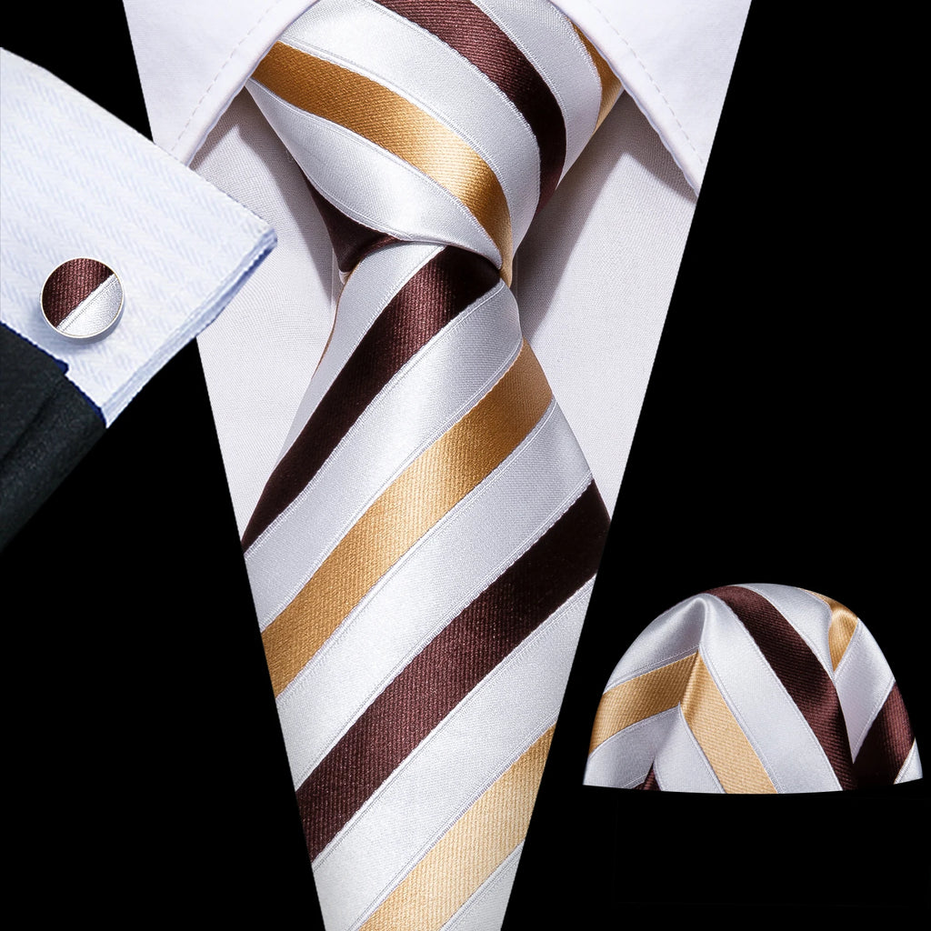 Fashion Khaki Striped Men Silk Necktie Fahsion Tie Handkerchief Cufflinks Sets Male Wedding Business Gift Barry.Wang Stylish