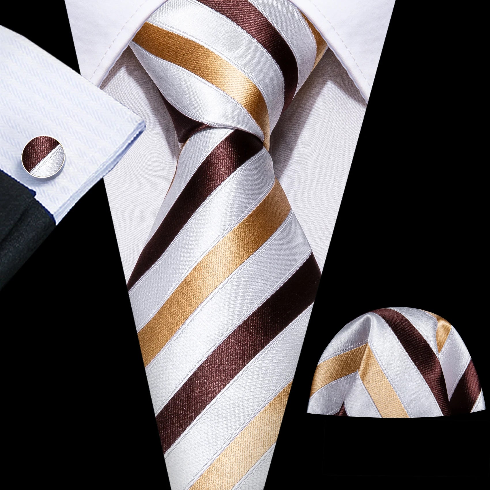 Fashion Khaki Striped Men Silk Necktie Fahsion Tie Handkerchief Cufflinks Sets Male Wedding Business Gift Barry.Wang Stylish