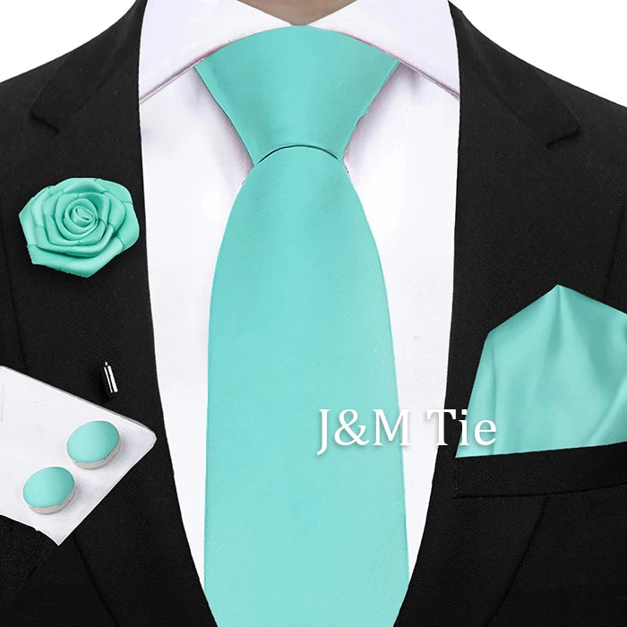 Mens Ties Solid NeckTie Pocket Square Brooch Set Men's Wedding Pink Blue Purple Tie Suit Accessories Fit Group Holiday Party