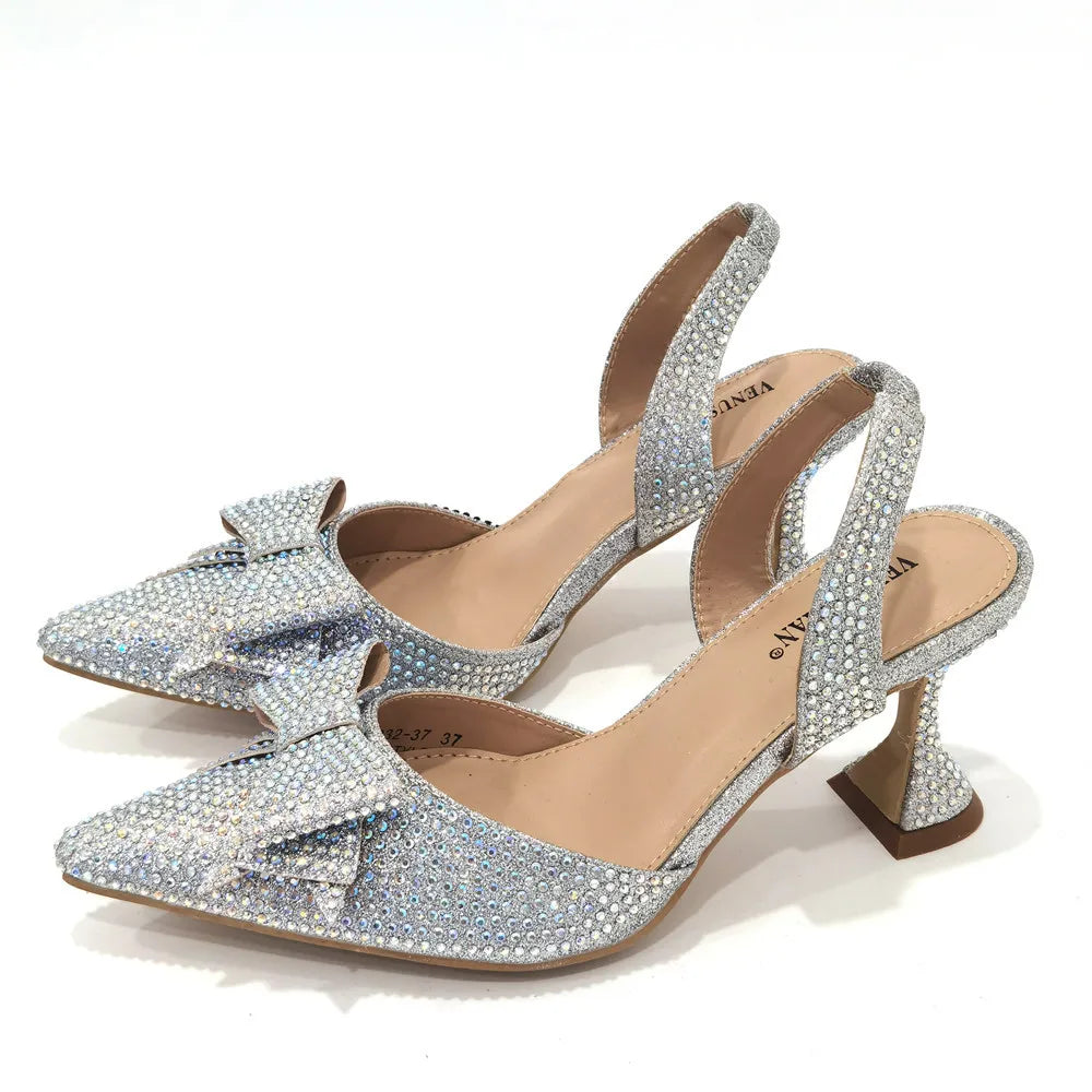 2022 Fashion Womens Dress Shoes Open Toe Ladies Sandals with Heels Latest African Women Wedding Shoes Decorated with Rhinestone