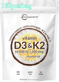 Vitamin D3 10,00 IU + K2 MK-7 200 mcg, 300 Softgels with Virgin Coconut Oil 2-in-1 Vitamins D & K Complex | Extra Strength