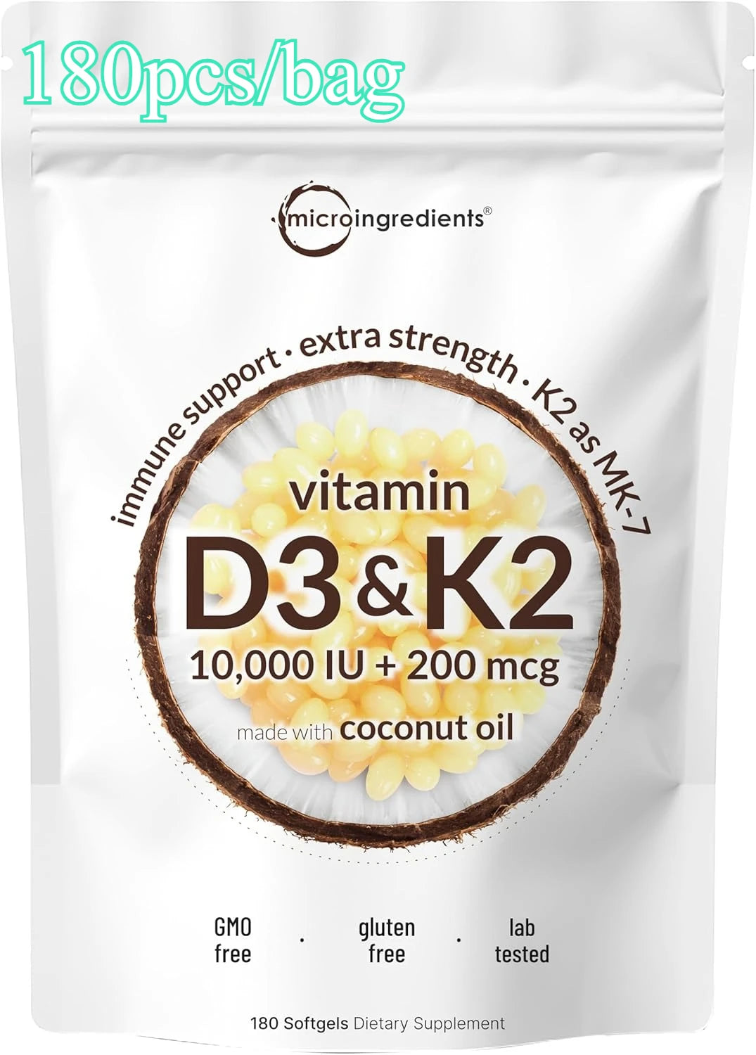 Vitamin D3 10,00 IU + K2 MK-7 200 mcg, 300 Softgels with Virgin Coconut Oil 2-in-1 Vitamins D & K Complex | Extra Strength