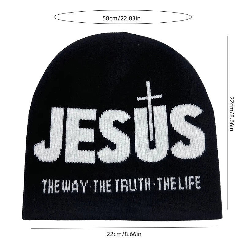 Y2k Women Jacquard Alphabet JESUS Knit Beanies Hat Men Letter Winter Fashion Kpop Goth Warm Hip Hop Thermal Unisex Pullover Hat