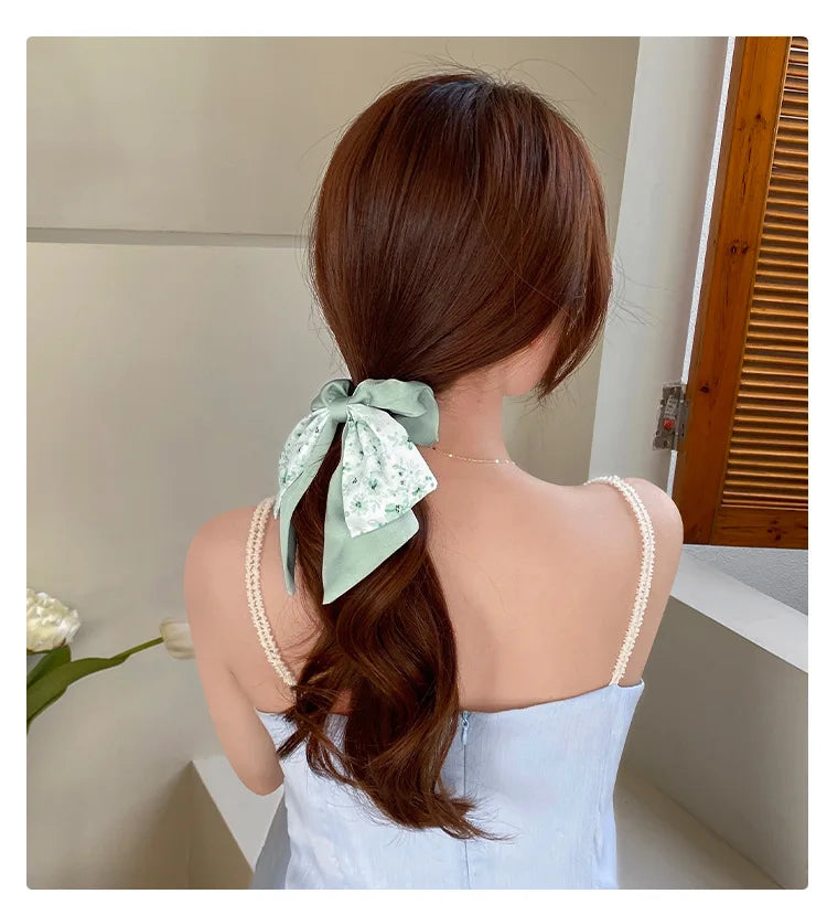 New Floral Print Bow Elastic Hair Bands Women Hair Ties Women Elegant Ribbon Rubber Band Headwear Girls Women  Hair Accessories