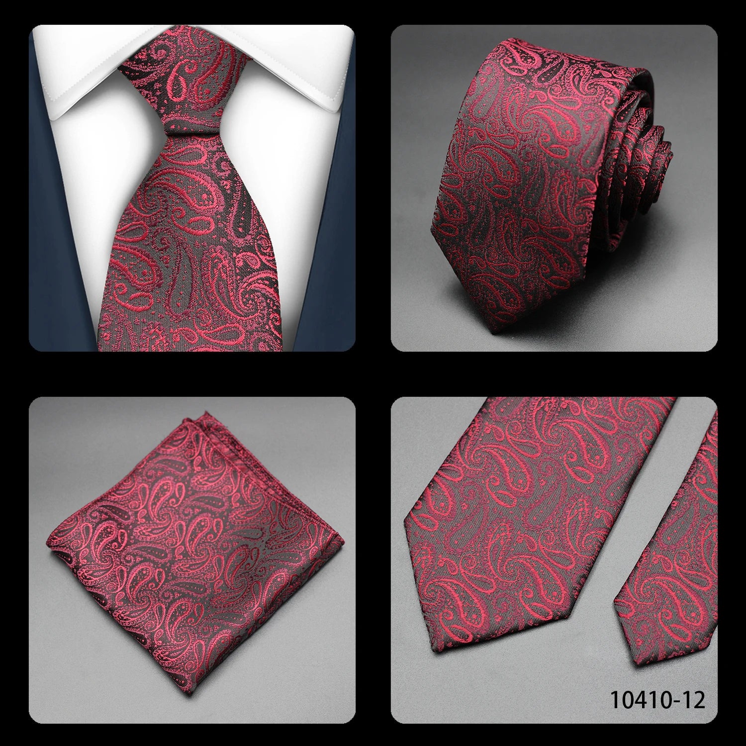 Mens Gift Tie Set Exquisite Red Jacquard Wine Burgundy Paisley Wedding Tie For Men Fashion Design Quality Hanky Dropshipping