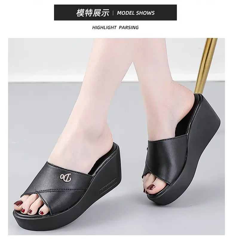 Women shoes Summer Fashion  leather Leisure shoes women platform wedges Fish Mouth Sandal Thick Bottom Slippers