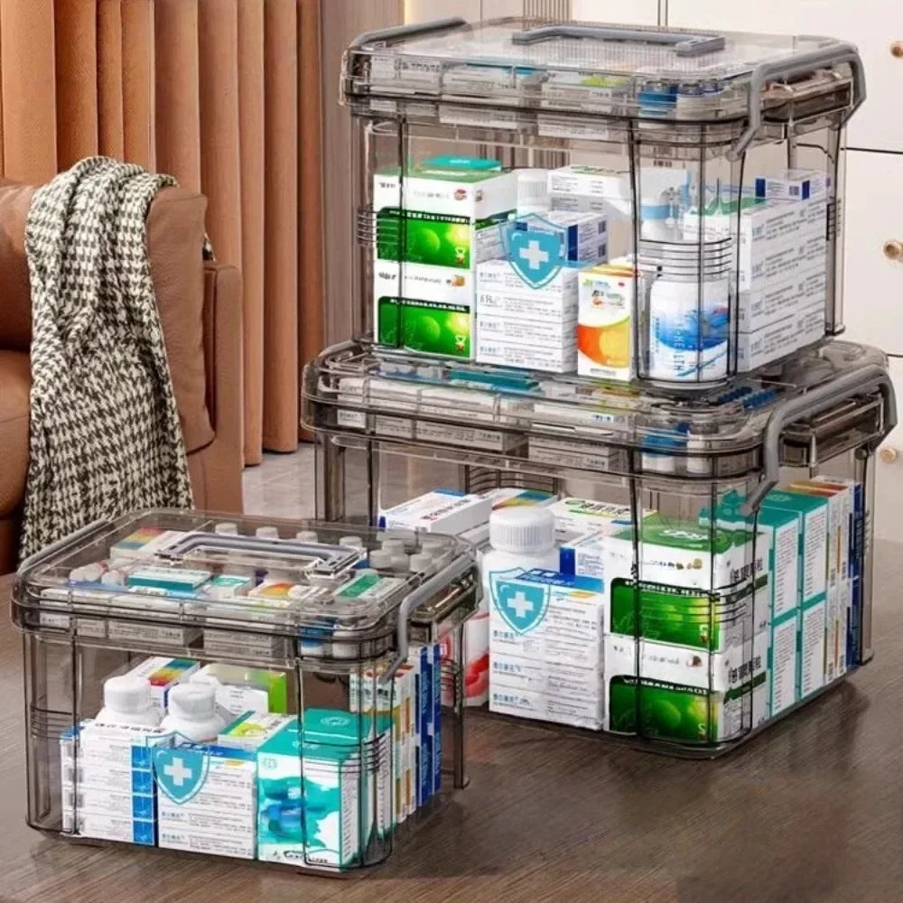 Clear Medicine Organizer Storage Box with Tray, Plastic First Aid Box Empty, Thickened Medicine Container Chest
