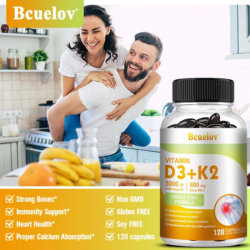 Bcuelov Vitamin D3+K2, 5000 IU Vitamin D3, non-GMO formula, easy-to-swallow vitamin D and K complex dietary supplement