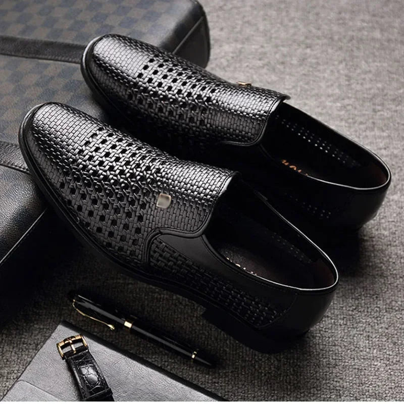 Men's Synthetic Leather Shoes  Soft Sole Breathable Low Heeled Business Casual Shoes Hollow Out Dress Sandals Middle Aged