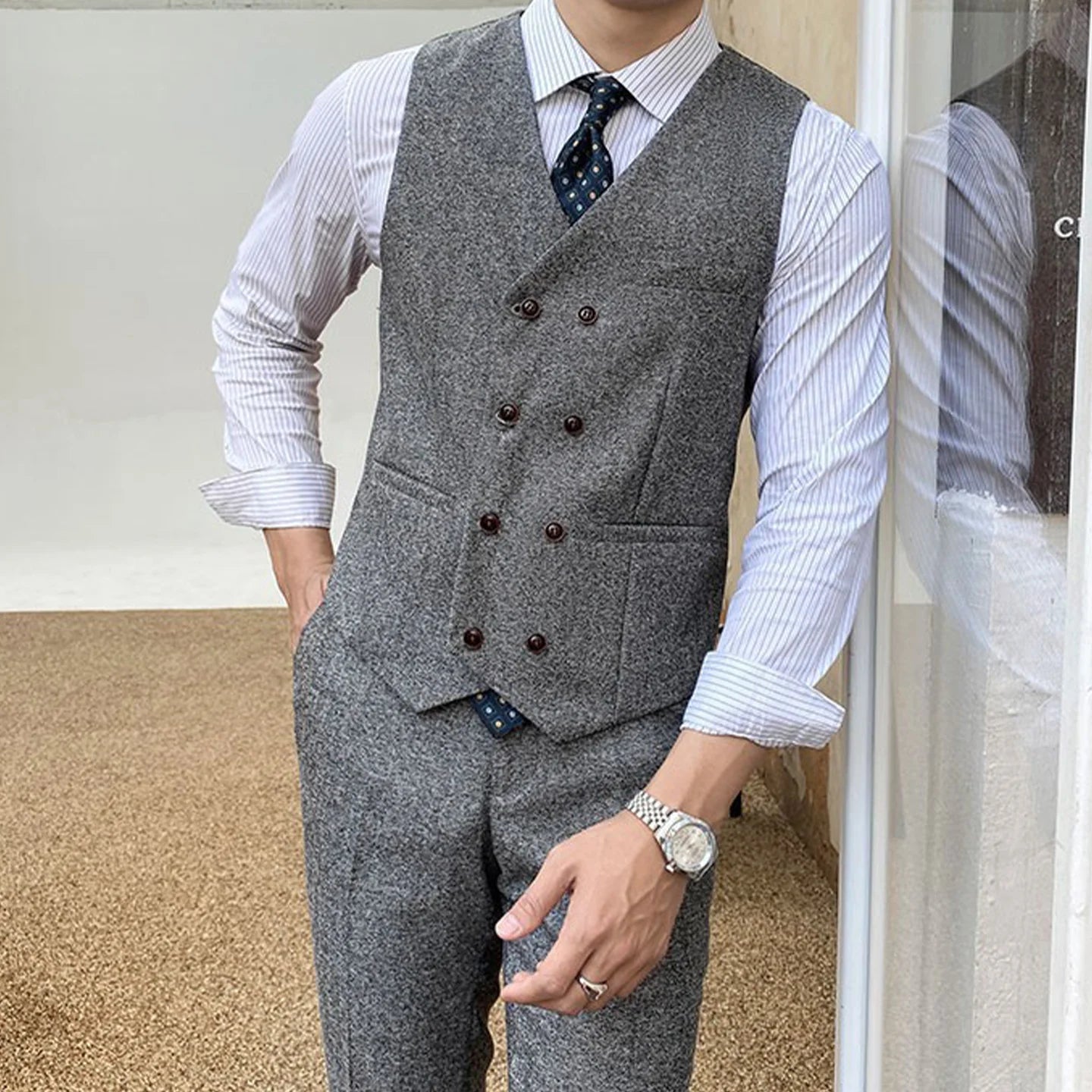 Vest Suit Men Groomsmen Clothes British Retro Tweed Vest Male Bridegroom Wedding Dress Brothers Outfit Waistcoat Pants Two Piece