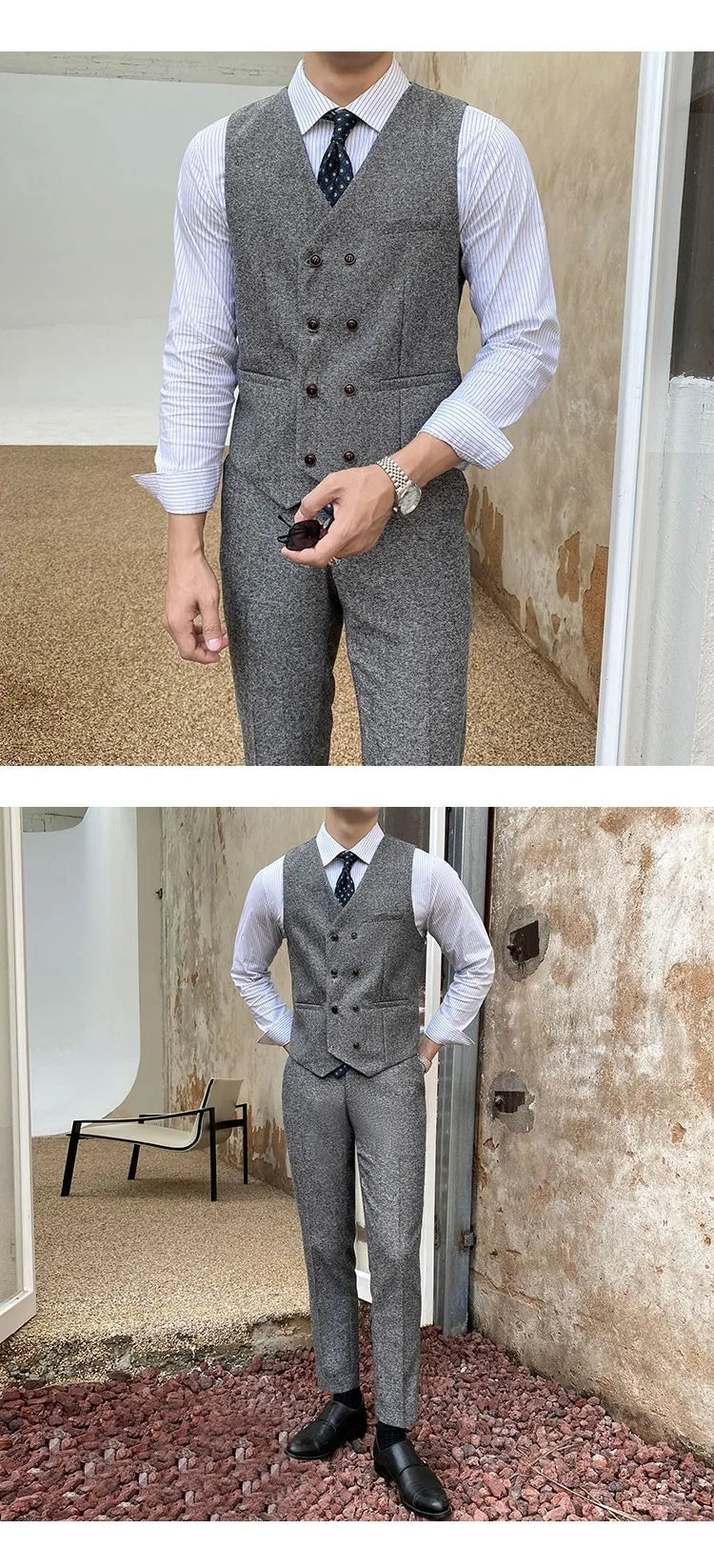 Vest Suit Men Groomsmen Clothes British Retro Tweed Vest Male Bridegroom Wedding Dress Brothers Outfit Waistcoat Pants Two Piece